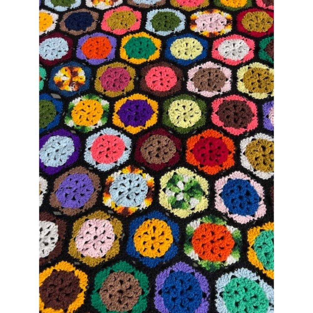 Vintage Handmade Crochet Hexagon Afghan Blanket Multi Color Granny Square Throw - Picture 7 of 14